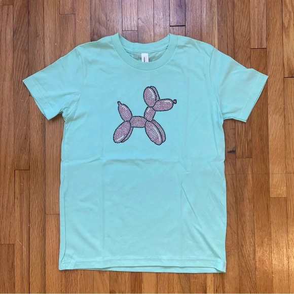 Girls Handmade Mint Green T-Shirt With Pink Rhinestone Balloon Dog Size Medium - Picture 3 of 8